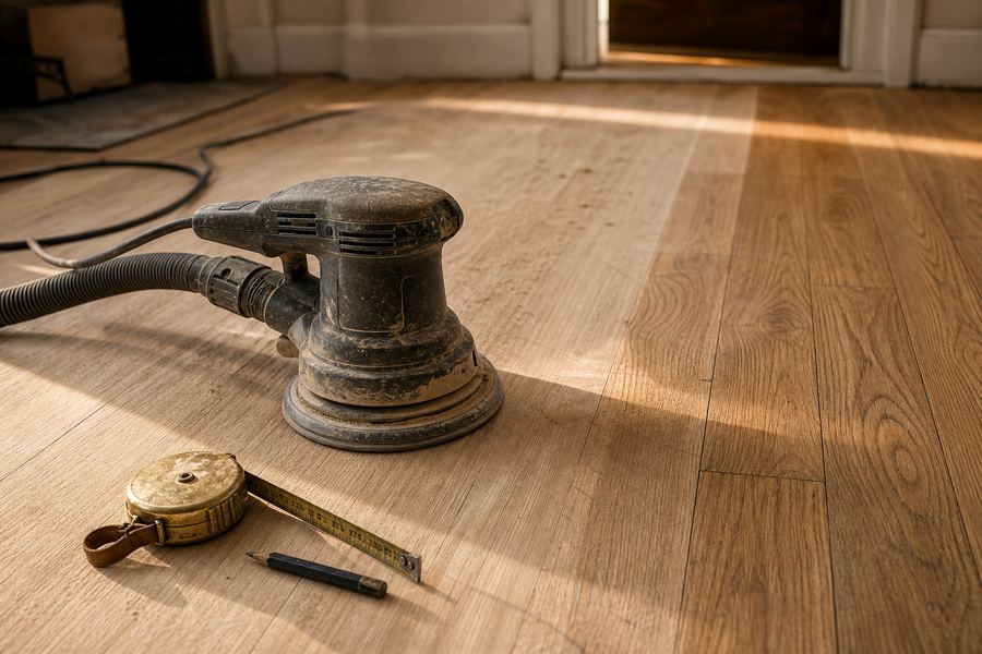 Hardwood refinishing tools resting on a half-sanded white oak floor mid-job