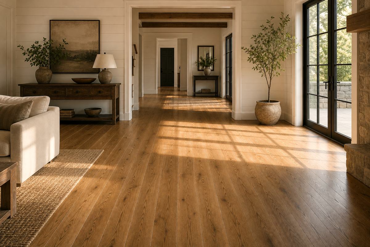 Newly installed white oak floor across a farmhouse living room, finished and feathered into the hallway