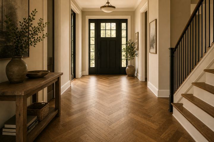 Herringbone hardwood entryway running toward a sunlit front door