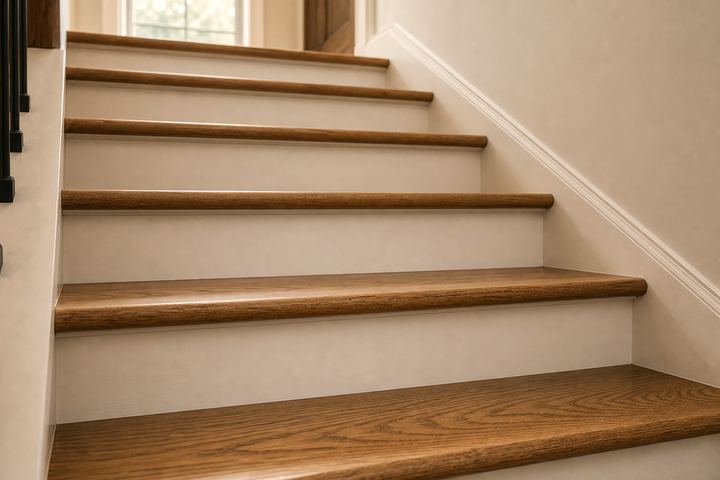 Finished white oak stair treads with painted risers in warm daylight