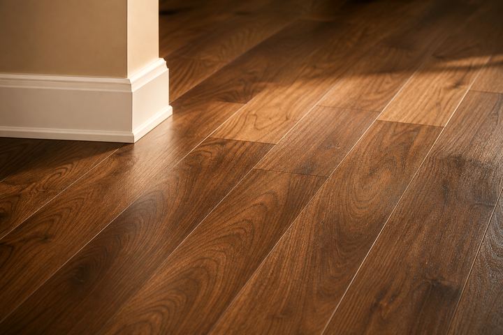 Close detail of a refinished walnut hardwood floor with even low-sheen finish